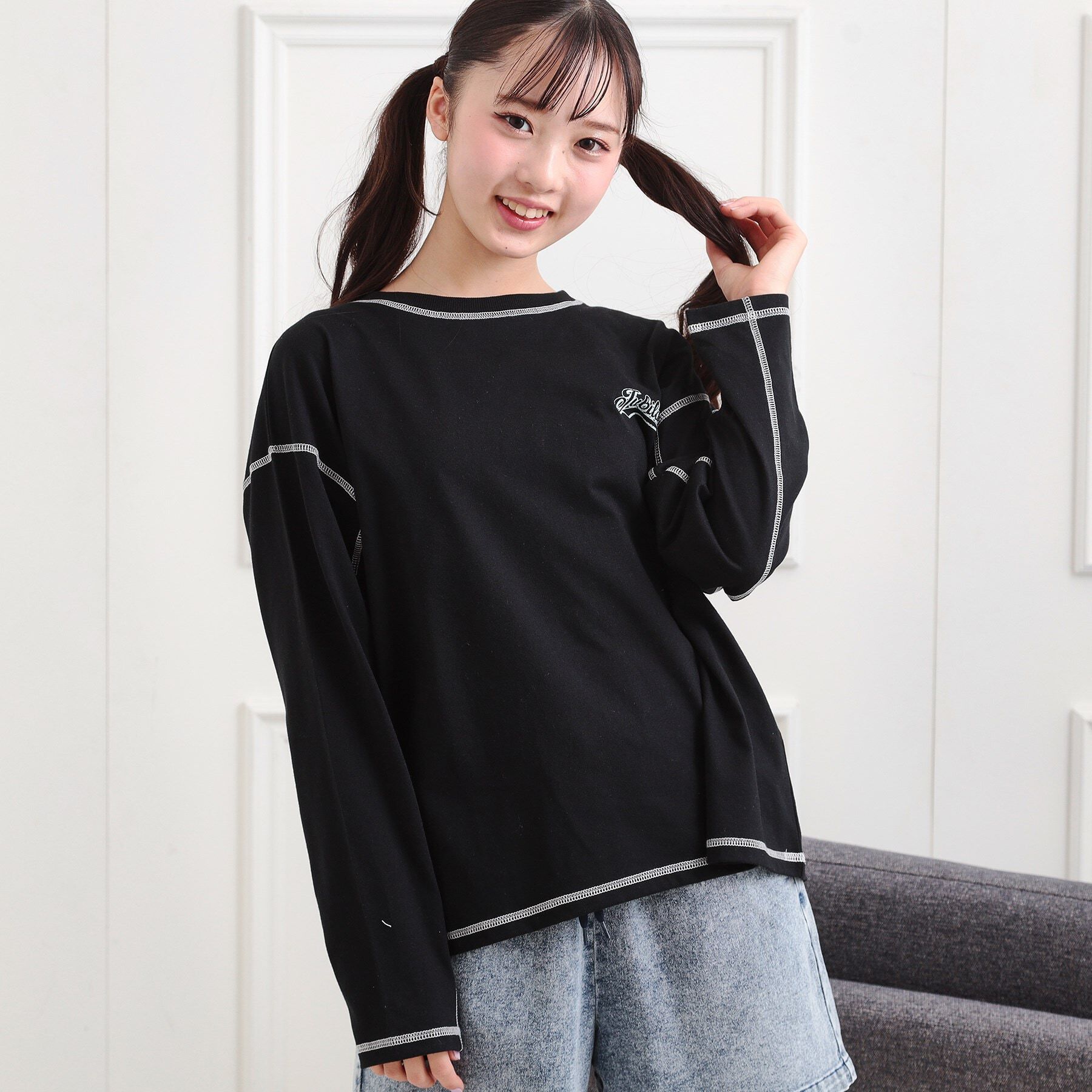 PINK-latte「配色ステッチロンT」|Tシャツ・カットソー|