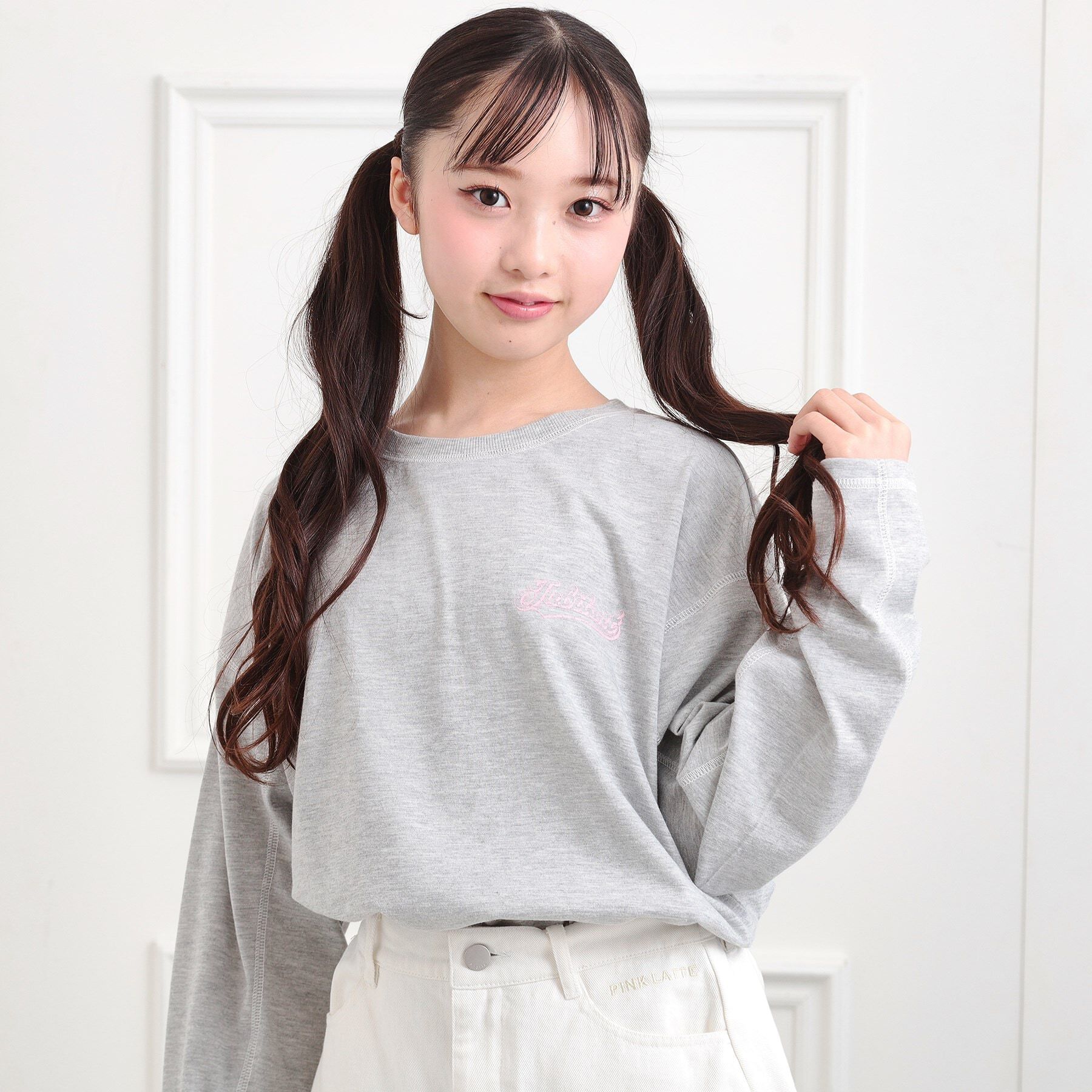PINK-latte「配色ステッチロンT」|Tシャツ・カットソー|ライトグレー(011