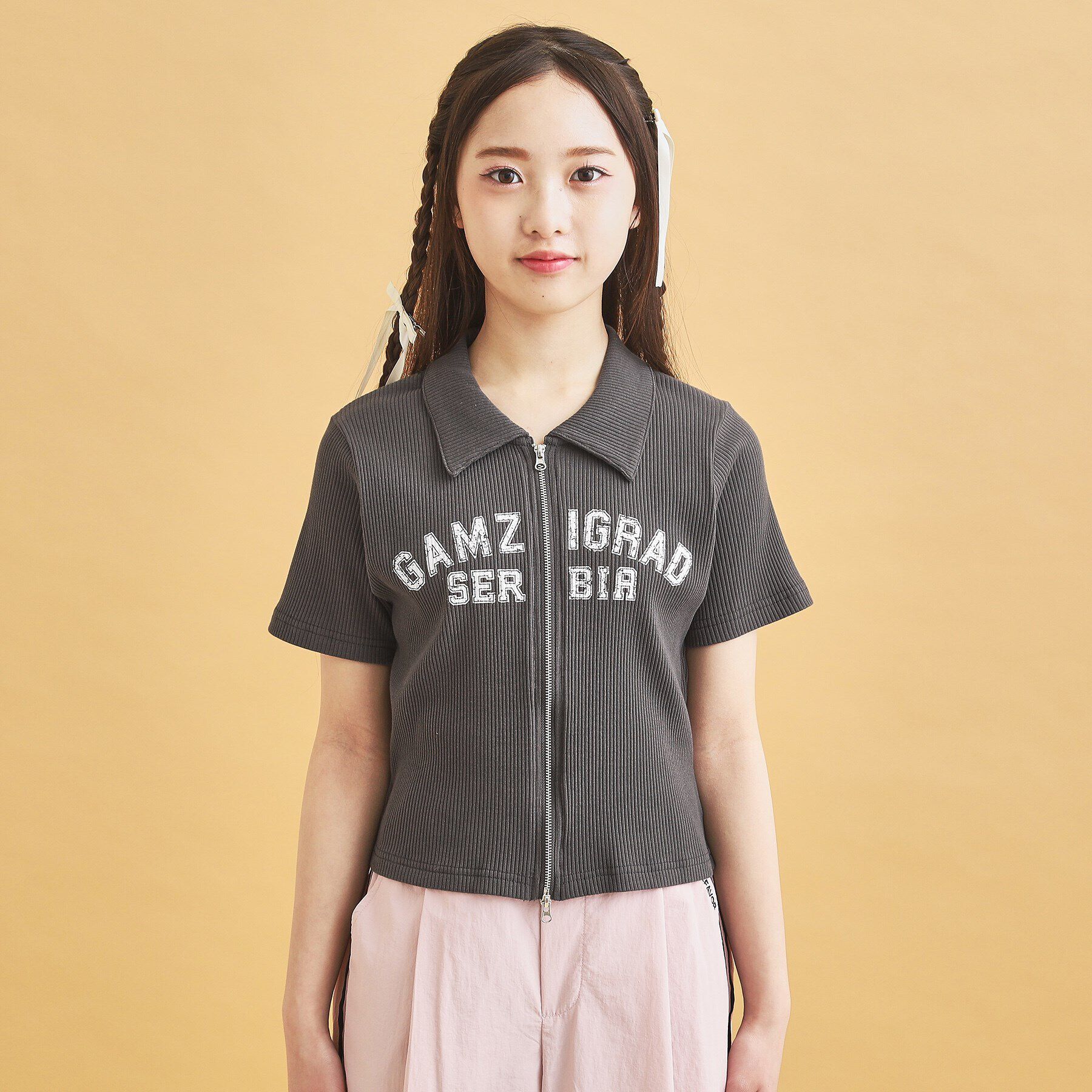 PINK-latte「襟付きテレコダブルジッププルオーバー」|Tシャツ・カットソー|