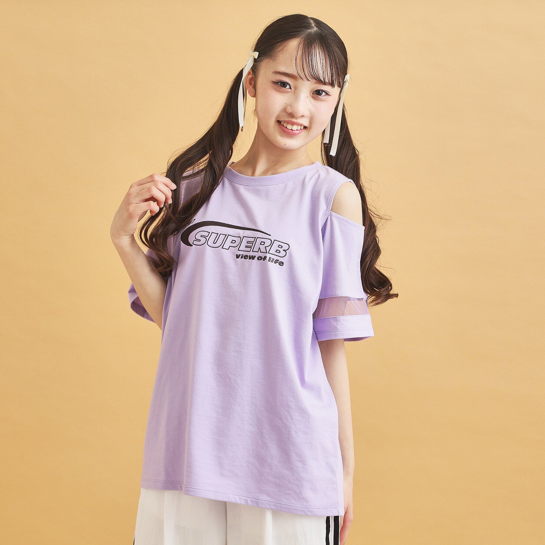 PINK-latte「チュール切替肩あきTシャツ」|Tシャツ・カットソー|