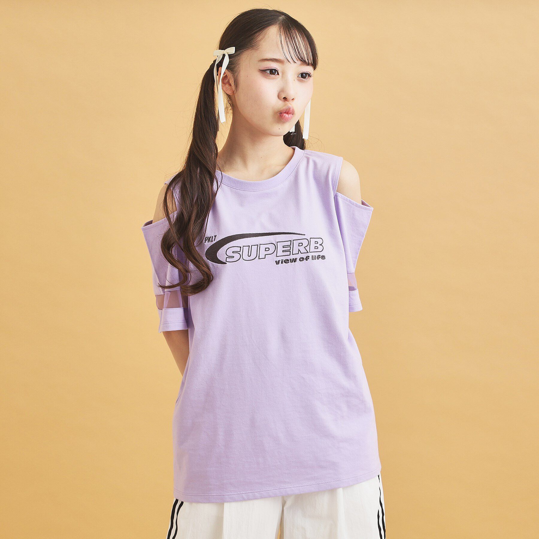 PINK-latte「チュール切替肩あきTシャツ」|Tシャツ・カットソー|