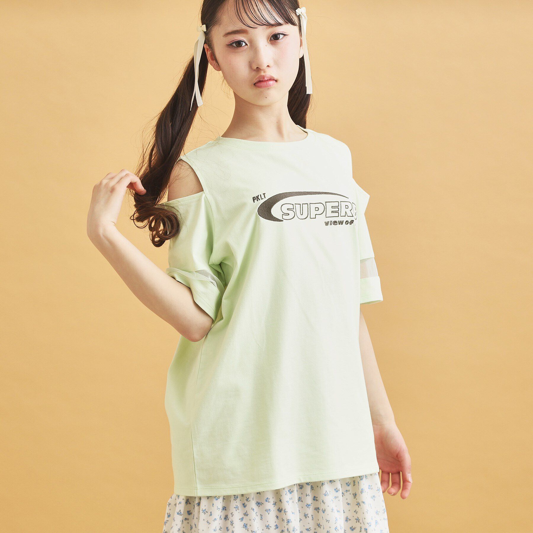 PINK-latte「チュール切替肩あきTシャツ」|Tシャツ・カットソー|