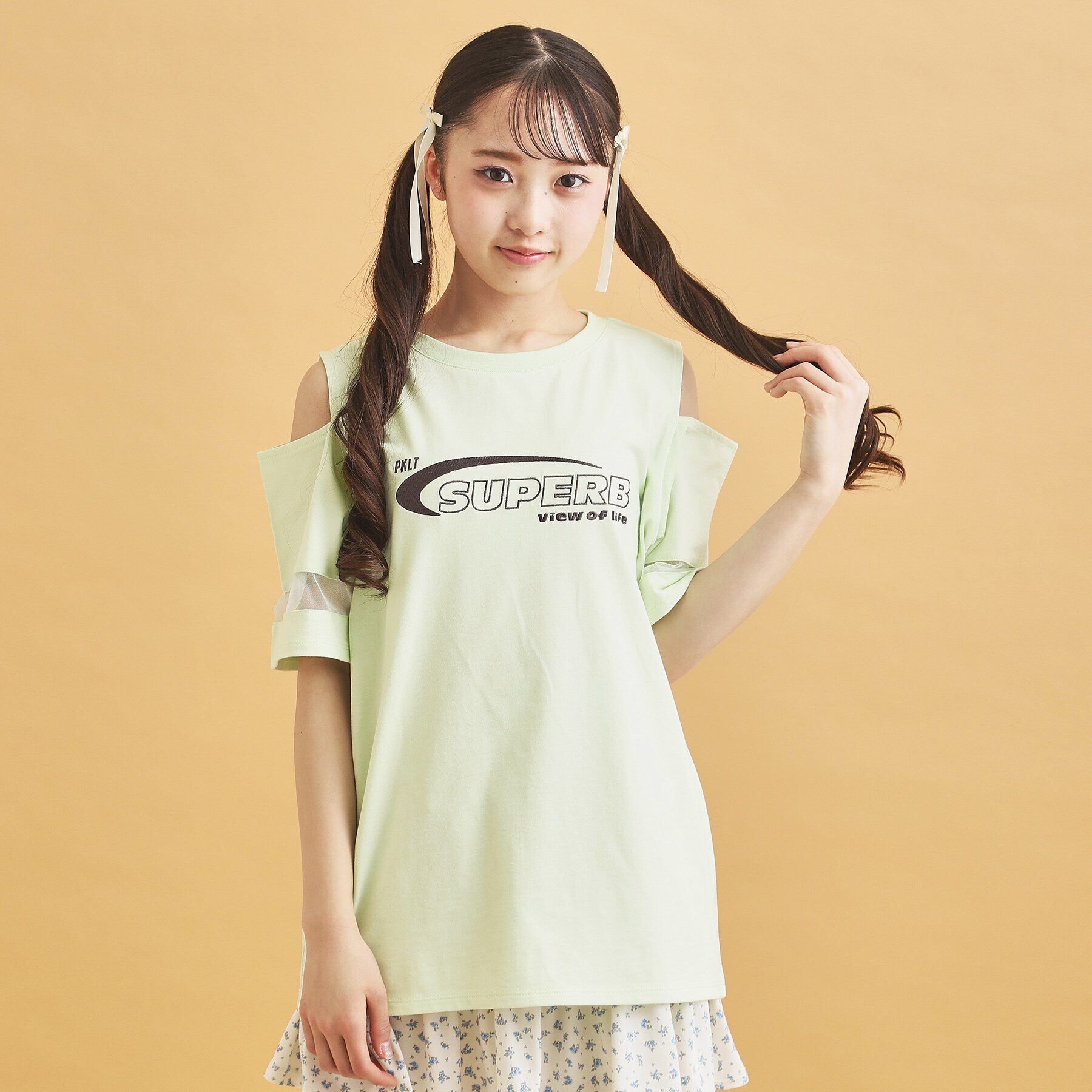 PINK-latte「チュール切替肩あきTシャツ」|Tシャツ・カットソー|