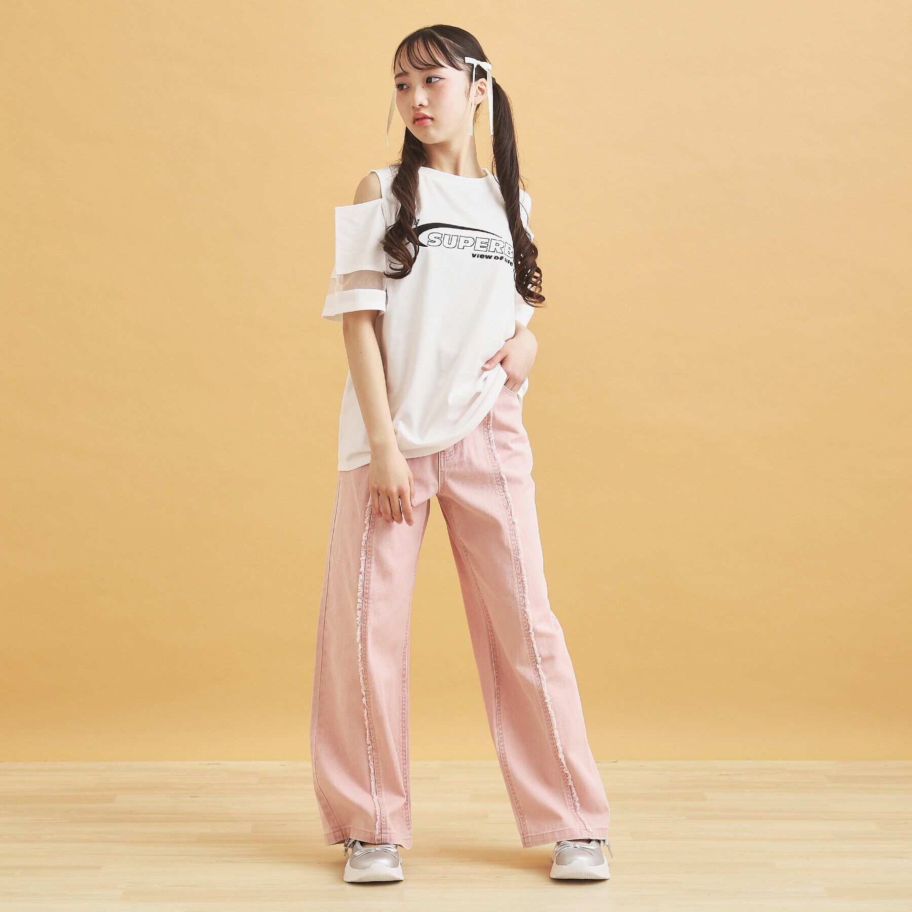 PINK-latte「チュール切替肩あきTシャツ」|Tシャツ・カットソー|