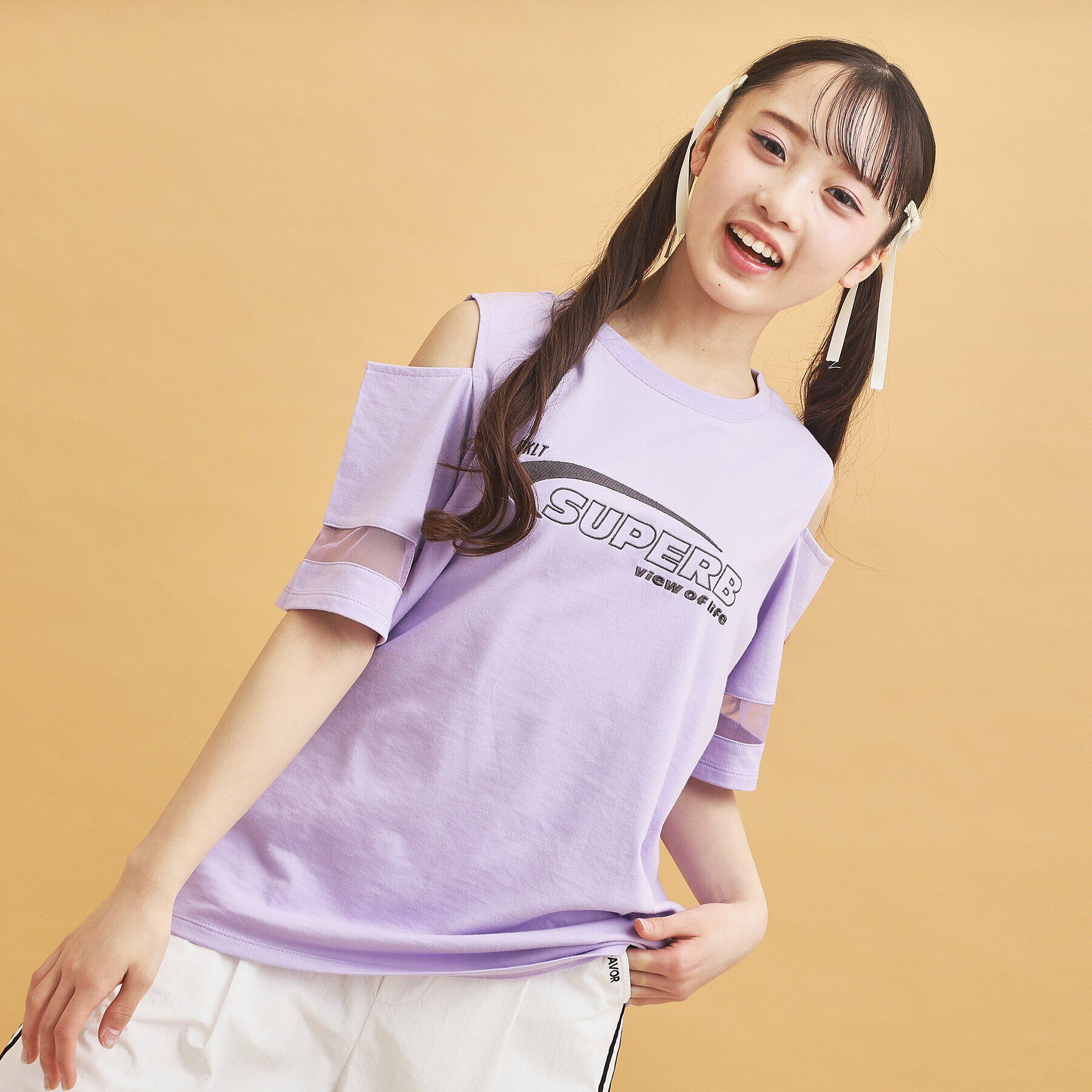 PINK-latte「チュール切替肩あきTシャツ」|Tシャツ・カットソー|パープル(081)