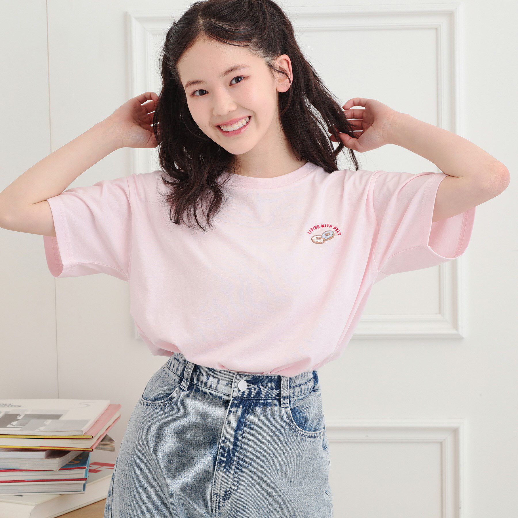 PINK-latte「ワンポイント刺繍Tシャツ」|Tシャツ・カットソー|ピンク(071)