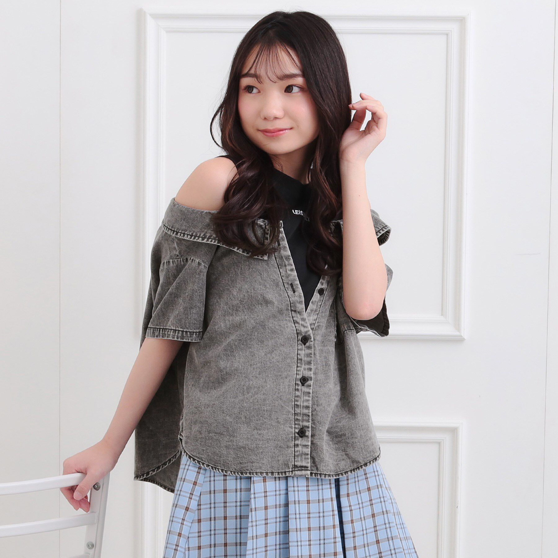 PINK-latte「肩あきデニムドッキングシャツ」|Tシャツ・カットソー|ブラック(419)