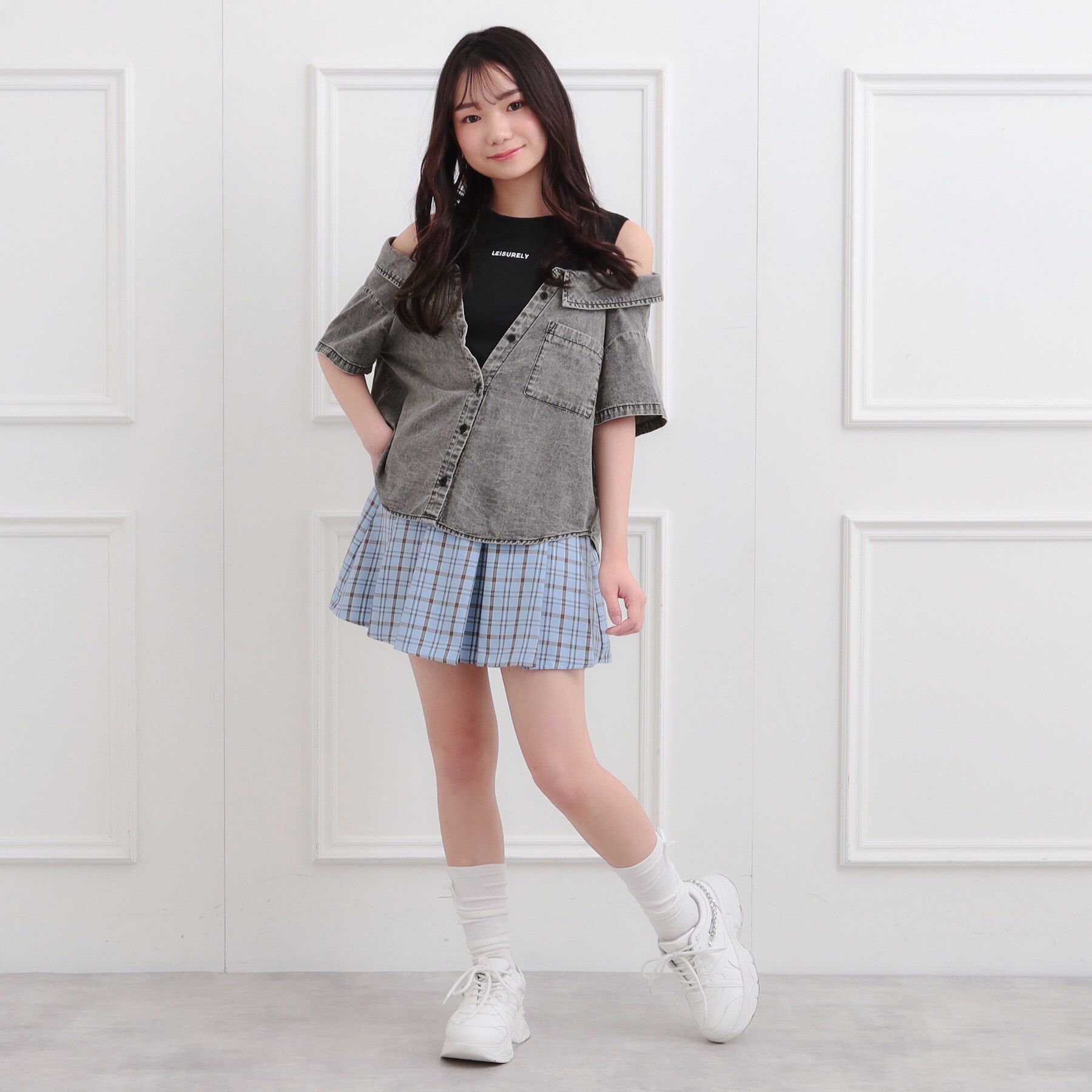 PINK-latte「肩あきデニムドッキングシャツ」|Tシャツ・カットソー|