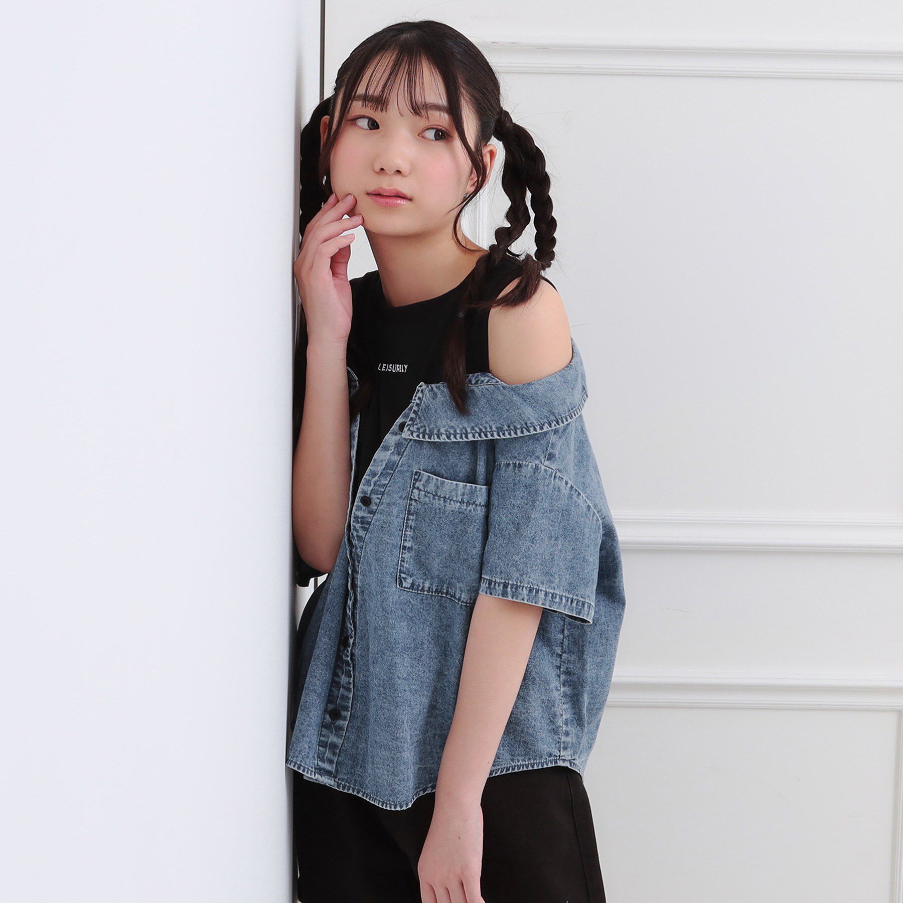 PINK-latte「肩あきデニムドッキングシャツ」|Tシャツ・カットソー|