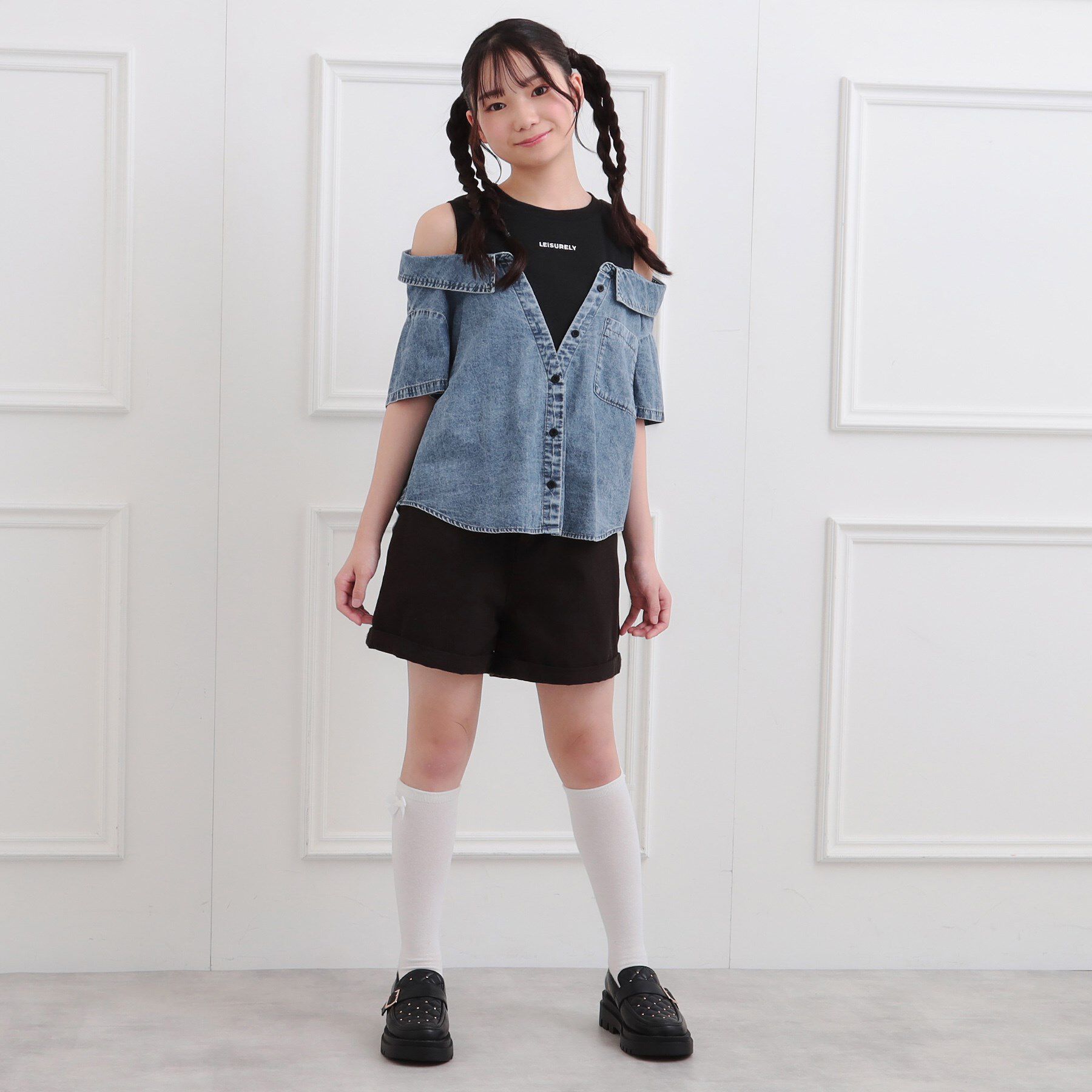 PINK-latte「肩あきデニムドッキングシャツ」|Tシャツ・カットソー|