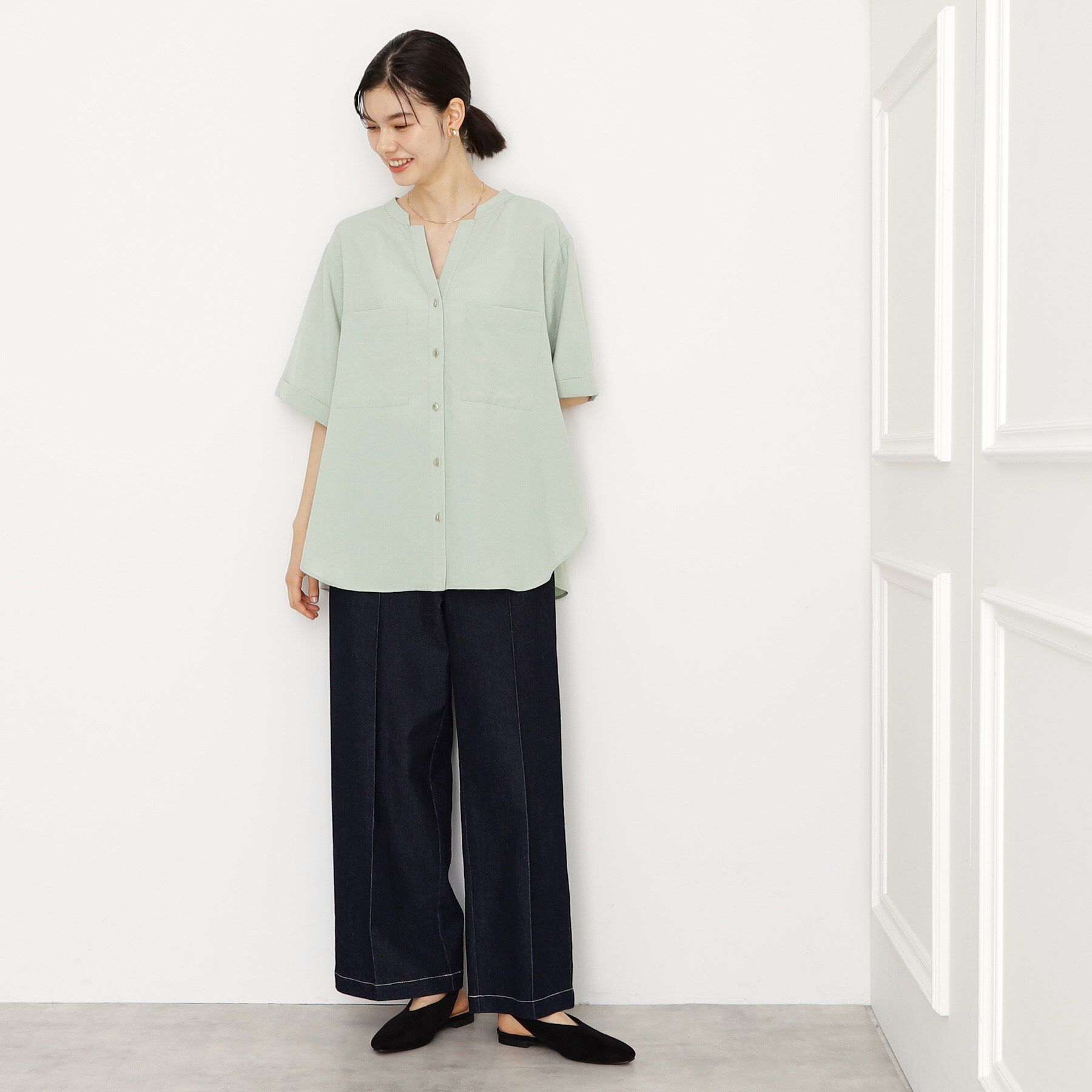 THE SHOP TK「【秋色入荷/インしなくても決まる】ダブルポケット5分袖シャツ/体型カバー／洗濯機OK」|シャツ・ブラウス|