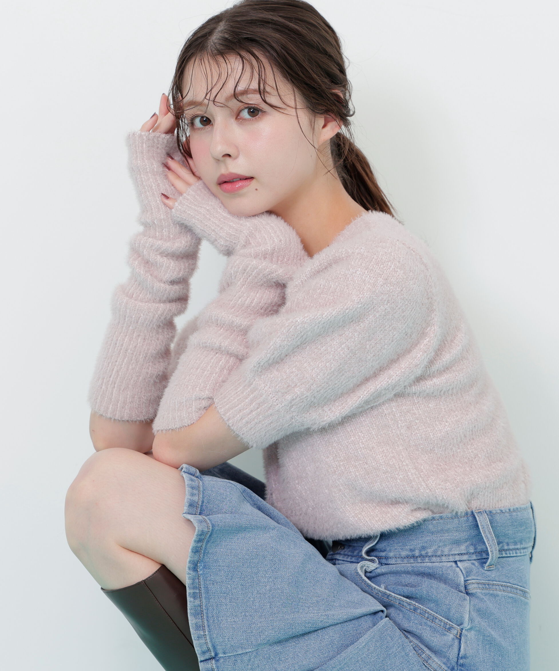  「アームウォーマー付きモールシャギーニット」|ニット・セーター|ピンク