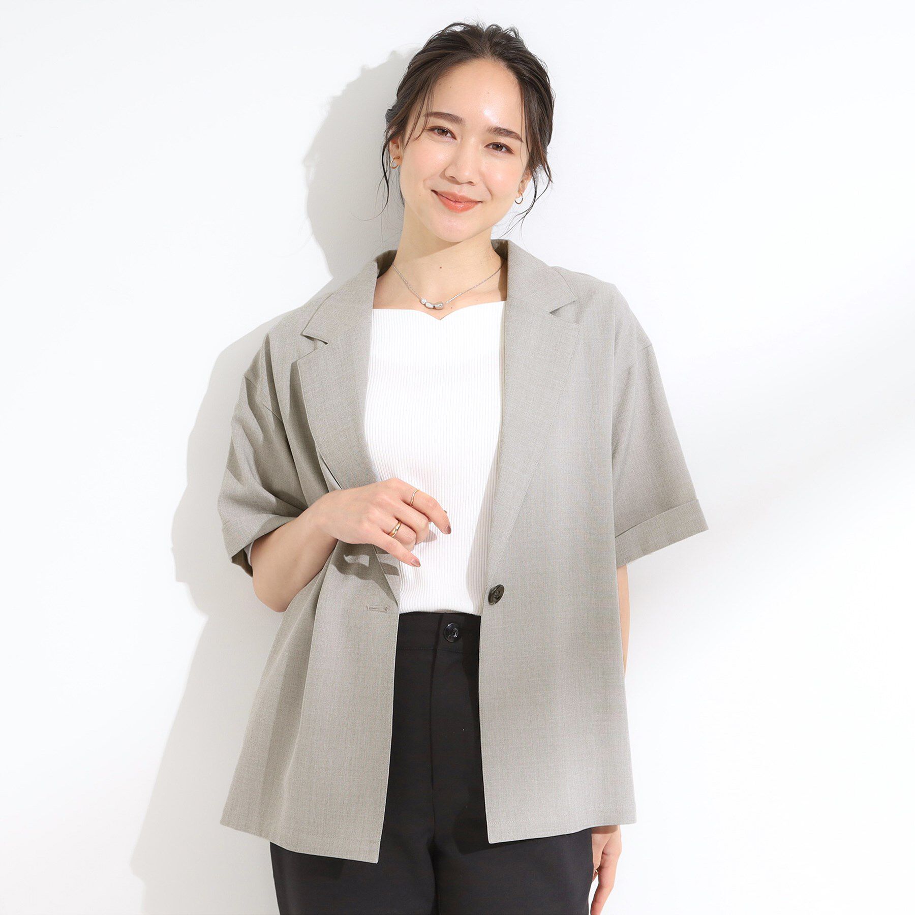 SHOO･LA･RUE「【S-LL/セットアップ可/洗濯後しわになりにくい】5分袖テーラードジャケット」|テーラードジャケット|