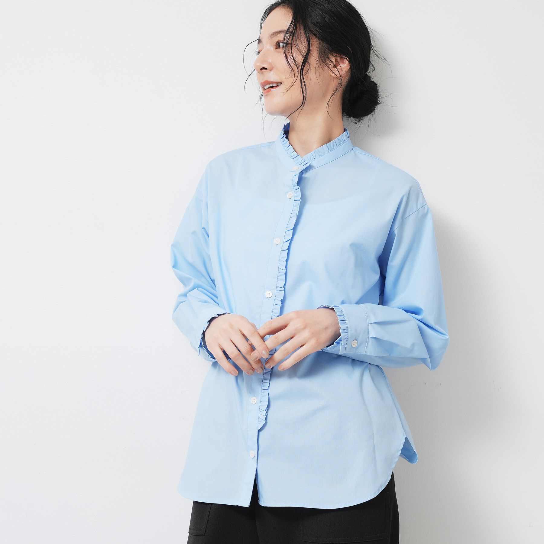 Dessin「【洗える】フリルネックブラウス」|シャツ・ブラウス|サックスブルー(09