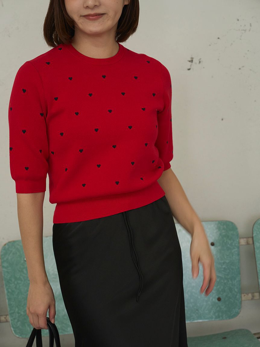 emmi atelier「【HEART】 eco ハーフスリーブハートジャガードニット【アンサンブル可能】」|ニット・セーター|
