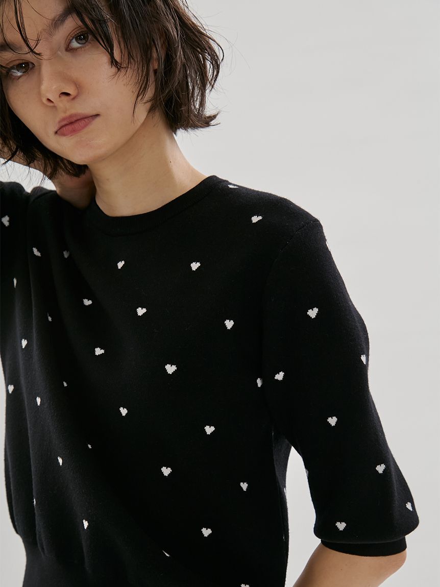 emmi atelier「【HEART】 eco ハーフスリーブハートジャガードニット【アンサンブル可能】」|ニット・セーター|BLK