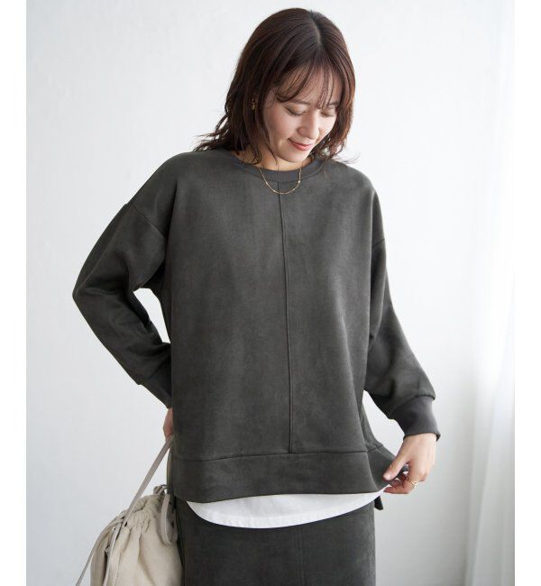 ikka「GOKU楽カットソー フェイクスエード裾スリットプルオーバー」|パーカー|チャコール