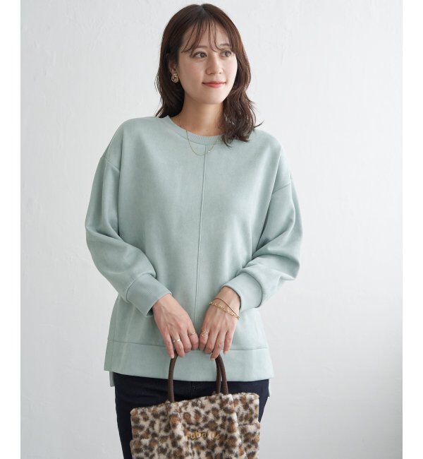 ikka「GOKU楽カットソー フェイクスエード裾スリットプルオーバー」|パーカー|グリーン