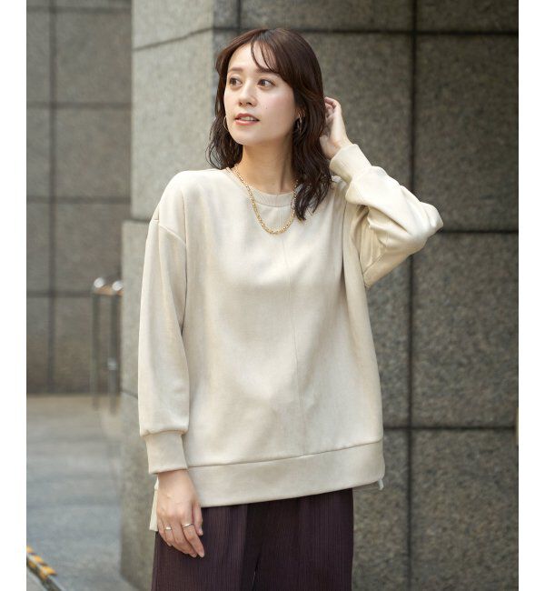 ikka「GOKU楽カットソー フェイクスエード裾スリットプルオーバー」|パーカー|ベージュ
