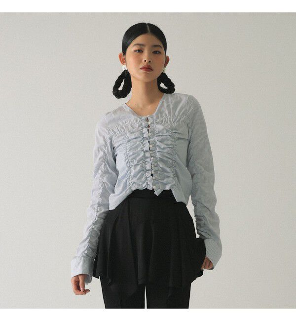 Ray BEAMS 「ストライプ シャーリング Vネック ブラウス」|シャツ・ブラウス|BLUE