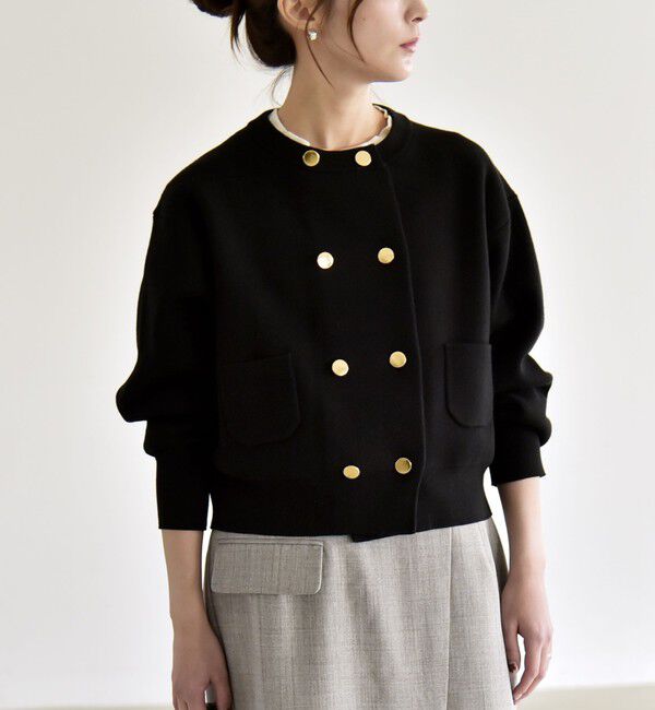 quaranciel「《追加予約》quaranciel:〈手洗い可能〉ノーカラー ダブル ボタン ジャケット カーディガン」|カーディガン|