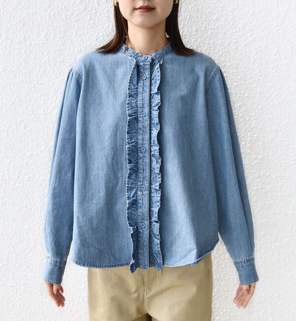 SHIPS for women「《追加予約》【WEB限定】〈洗濯機可能〉ライトオンス フリル デニム シャツ」|シャツ・ブラウス|