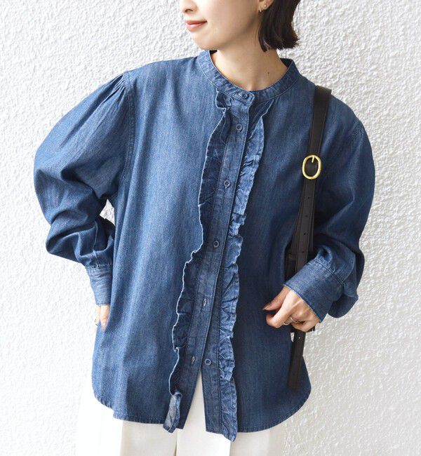 SHIPS for women「《追加予約》【WEB限定】〈洗濯機可能〉ライトオンス フリル デニム シャツ」|シャツ・ブラウス|