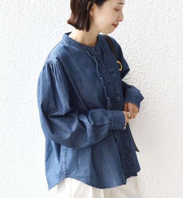 SHIPS for women「《追加予約》【WEB限定】〈洗濯機可能〉ライトオンス フリル デニム シャツ」|シャツ・ブラウス|