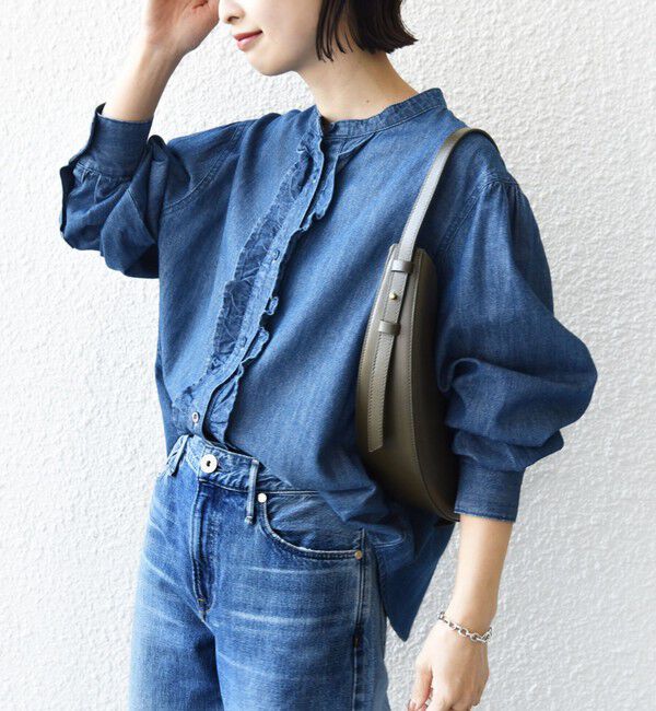 SHIPS for women「《追加予約》【WEB限定】〈洗濯機可能〉ライトオンス フリル デニム シャツ」|シャツ・ブラウス|