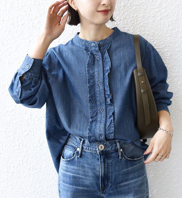SHIPS for women「《追加予約》【WEB限定】〈洗濯機可能〉ライトオンス フリル デニム シャツ」|シャツ・ブラウス|