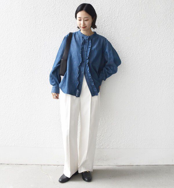 SHIPS for women「《追加予約》【WEB限定】〈洗濯機可能〉ライトオンス フリル デニム シャツ」|シャツ・ブラウス|