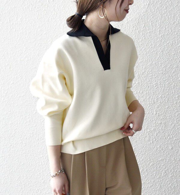 SHIPS any「SHIPS any:〈手洗い可能〉バイカラー スキッパー ニット プルオーバー」|ニット・セーター|