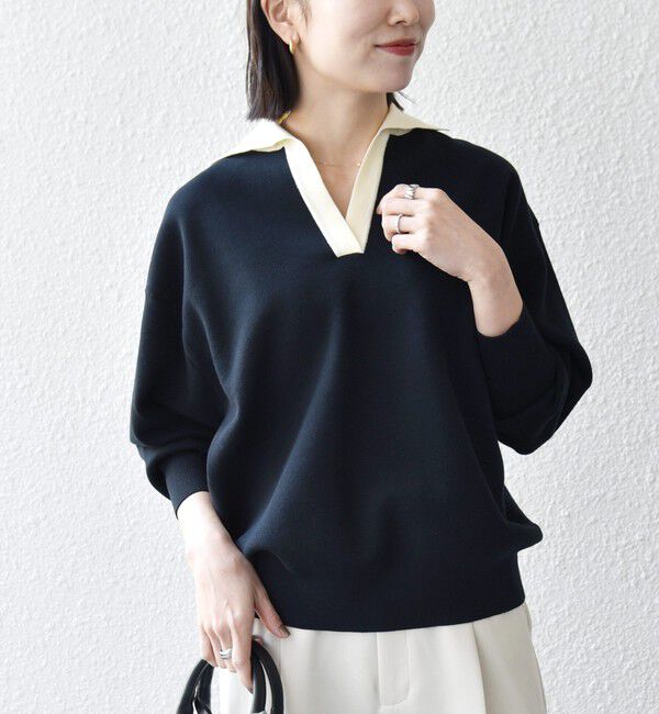 SHIPS any「SHIPS any:〈手洗い可能〉バイカラー スキッパー ニット プルオーバー」|ニット・セーター|