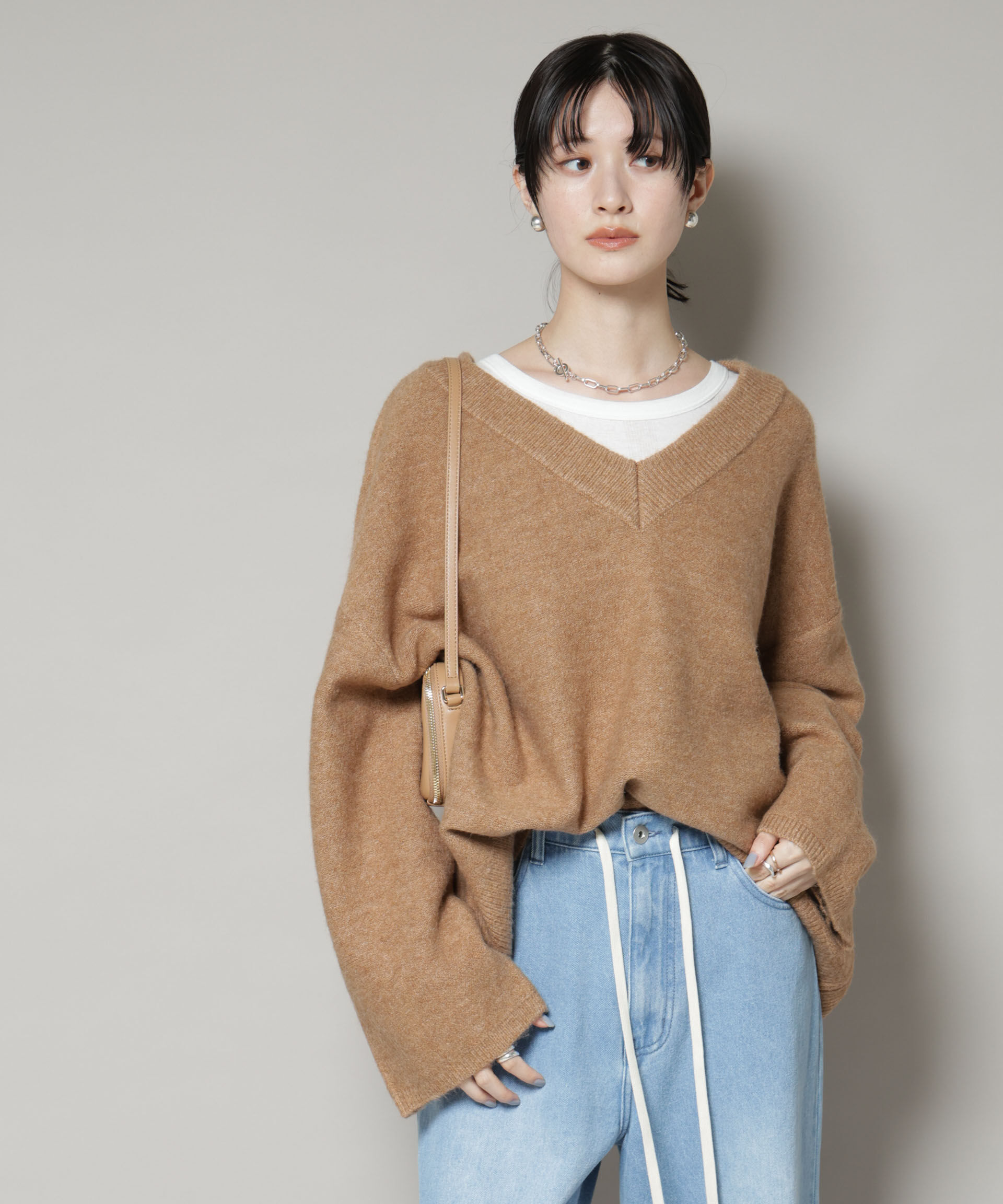 nano･universe「Vネックワイドシルエット圧縮ニット」|ニット・セーター|キャメル4