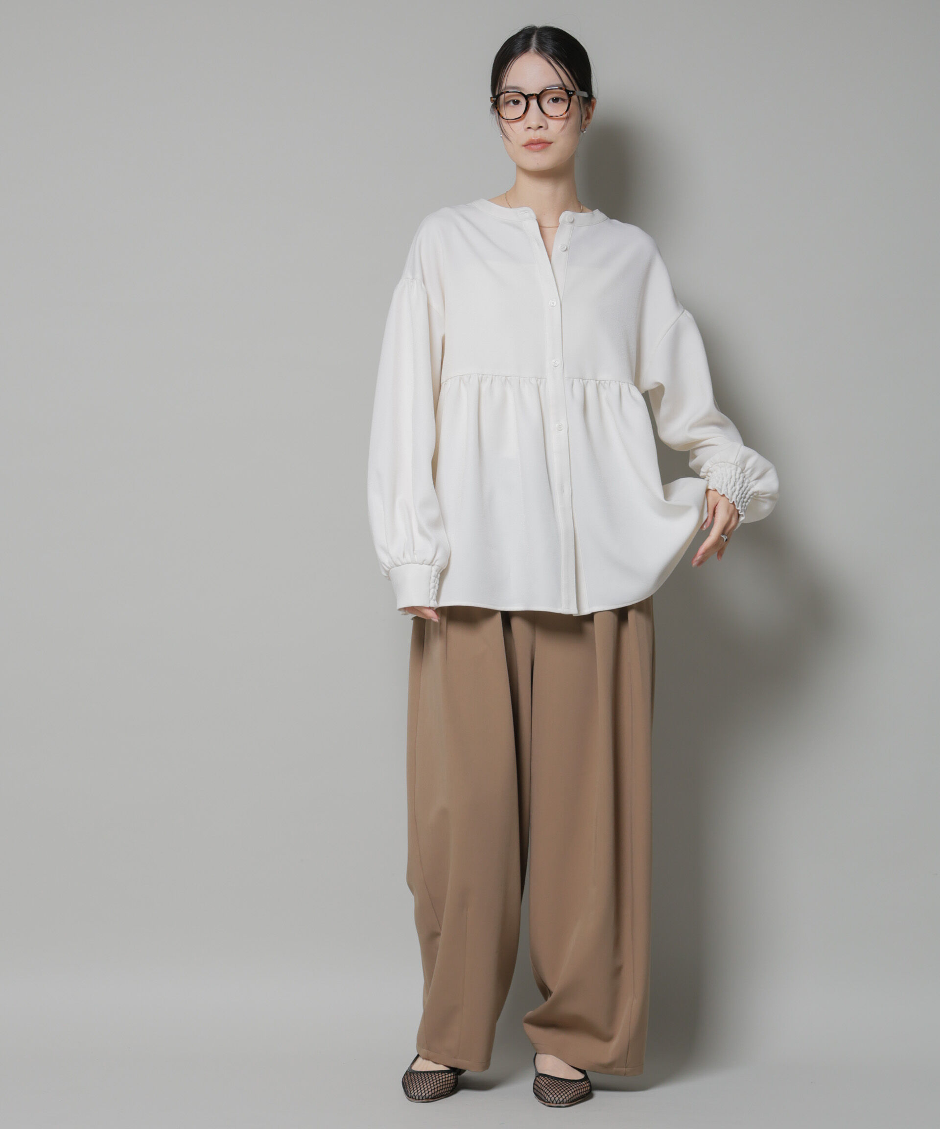 nano･universe「ｳｰﾙﾗｲｸﾎﾟﾘｴｽﾃﾙ前後2way切り替えﾍﾟﾌﾟﾗﾑﾌﾞﾗｳｽ(ｾ  」|シャツ・ブラウス|