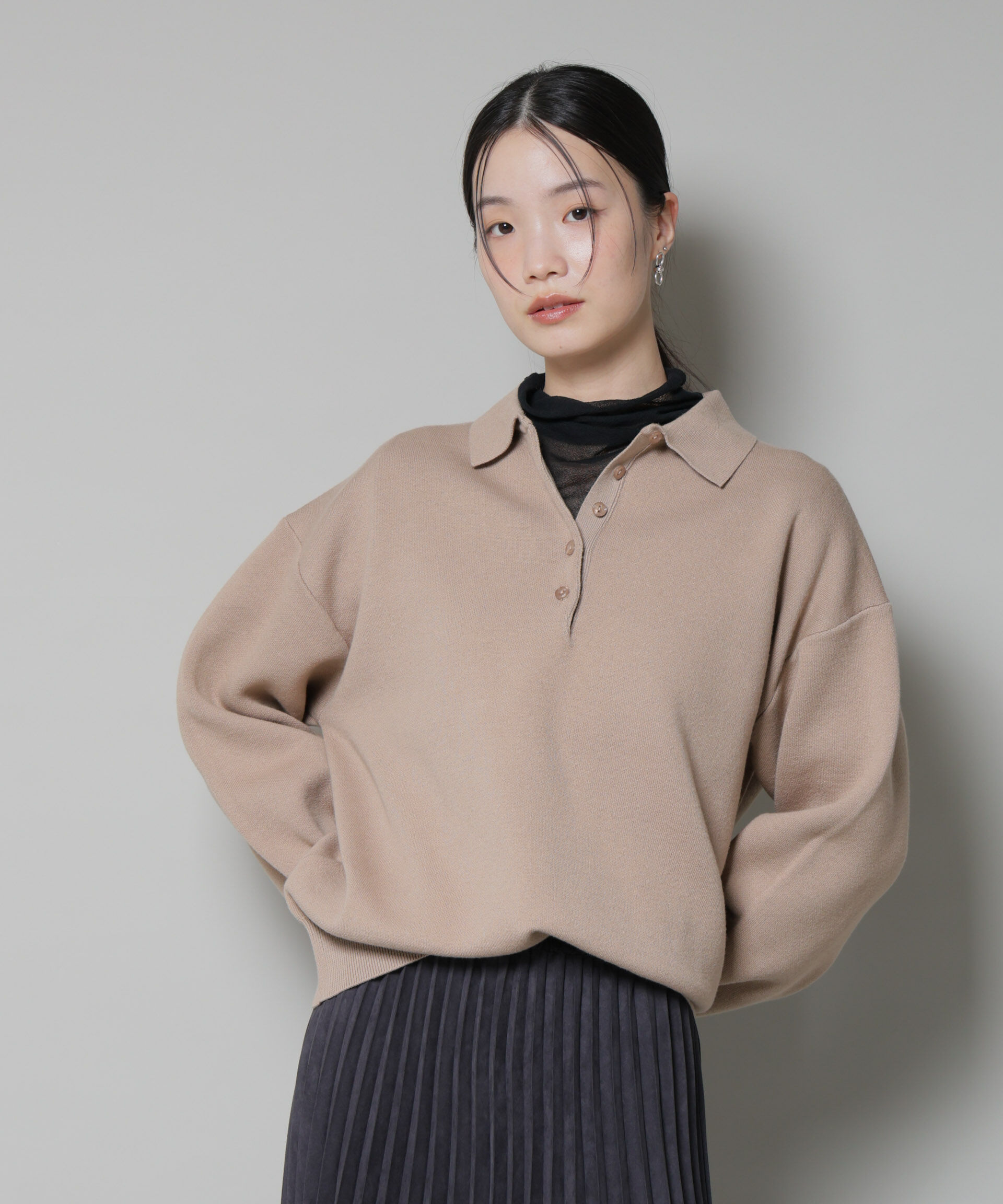 nano･universe「スウェットライク衿付きボタンニット」|ニット・セーター|