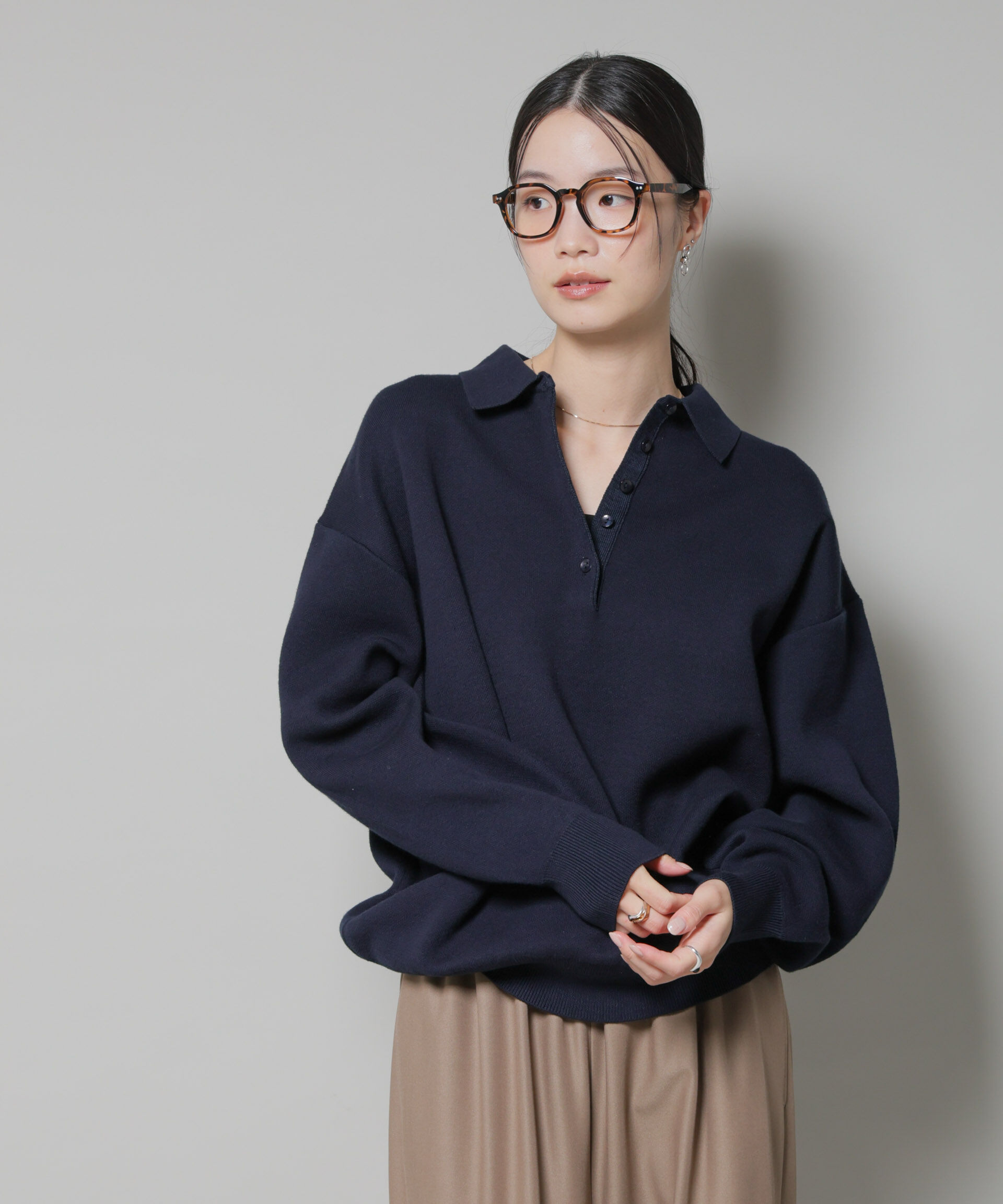 nano･universe「スウェットライク衿付きボタンニット」|ニット・セーター|