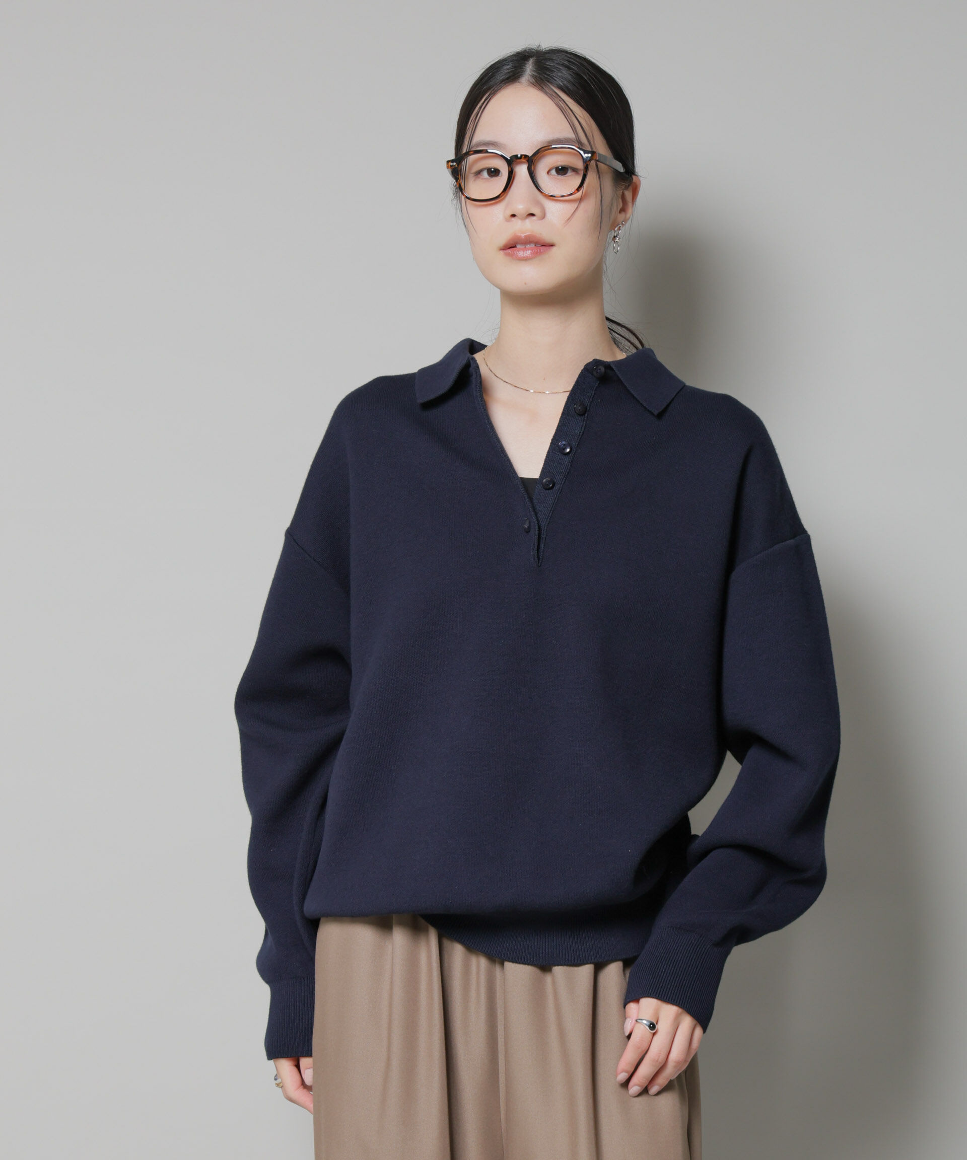 nano･universe「スウェットライク衿付きボタンニット」|ニット・セーター|