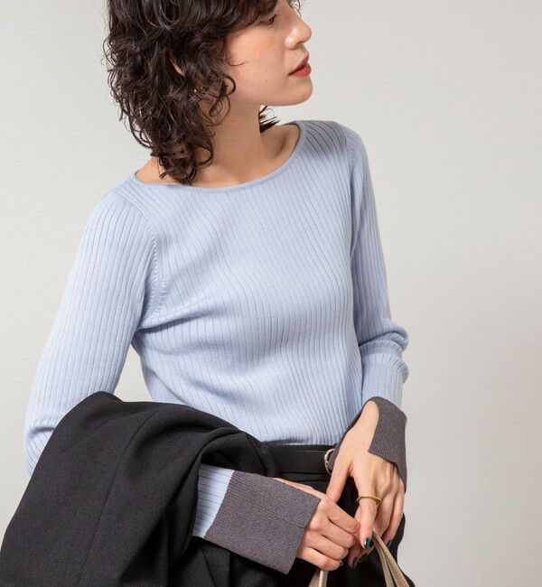 NOLLEY'S sophi「《手洗い可能》ウール混ワイドリブ袖口配色プルオーバー」|ニット・セーター|サックス