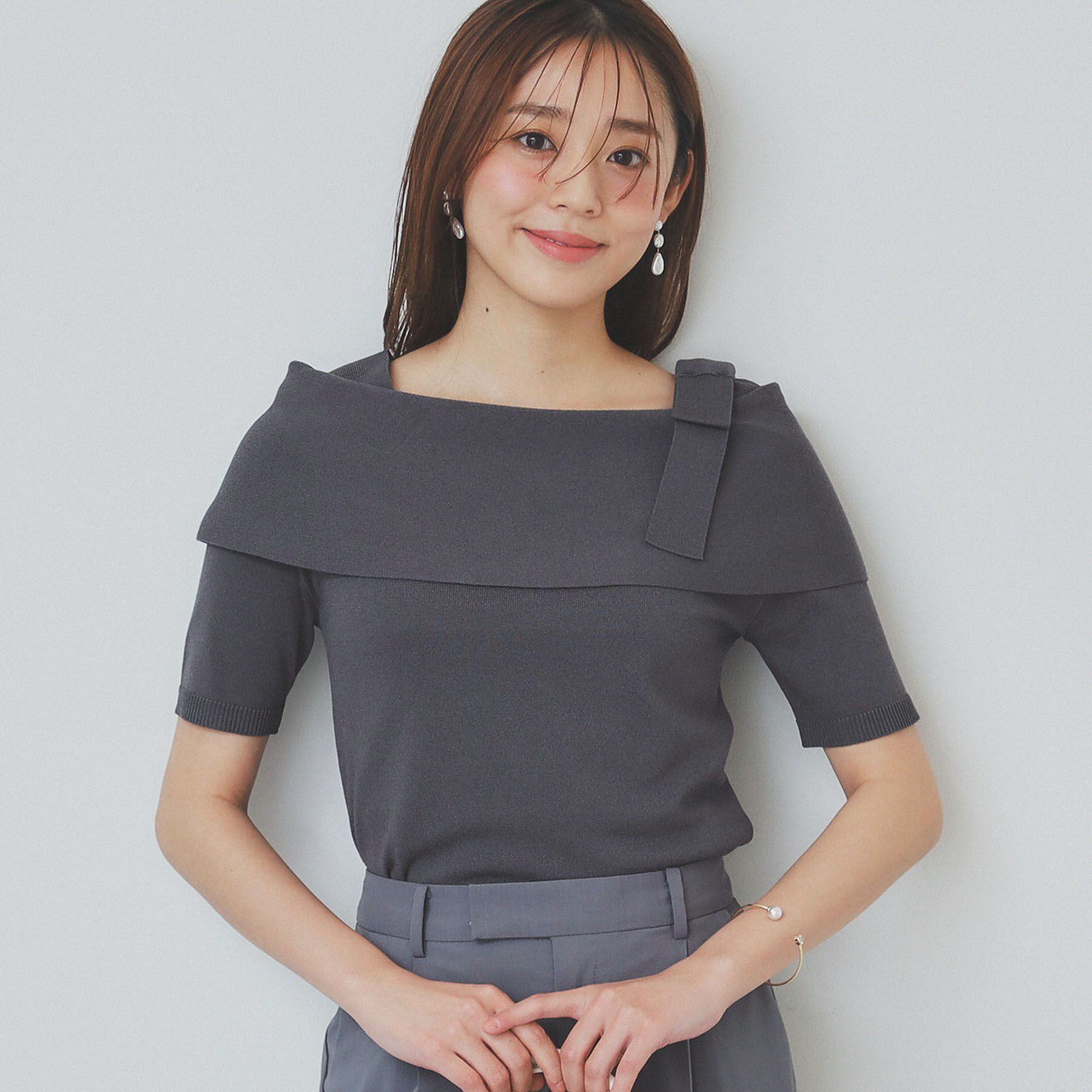 index「アシメリボンオフショルニット【洗濯機洗い可】」|ニット・セーター|チャコールグレー(0