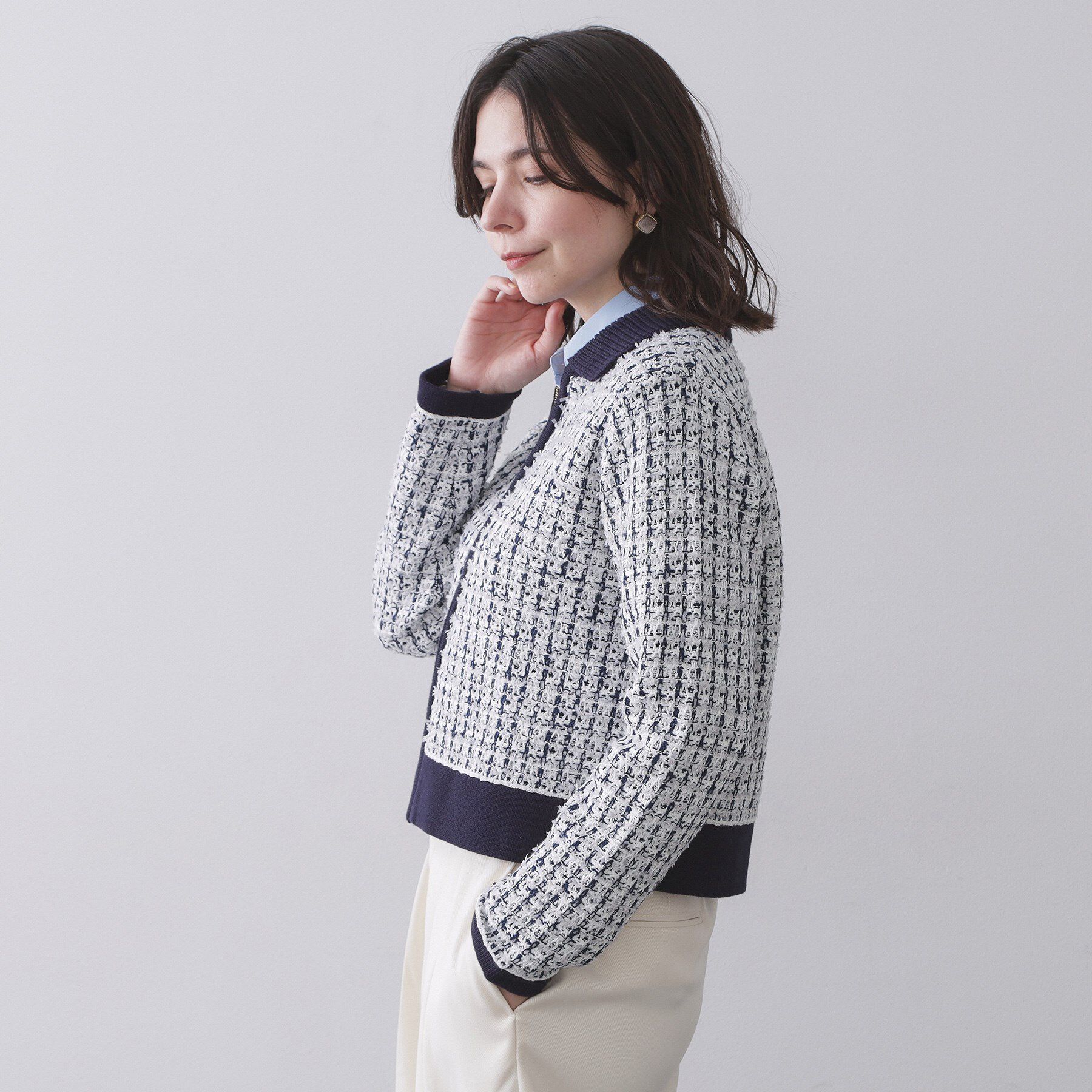 OPAQUE.CLIP「ツイードライクZIPニットカーディガン」|カーディガン|