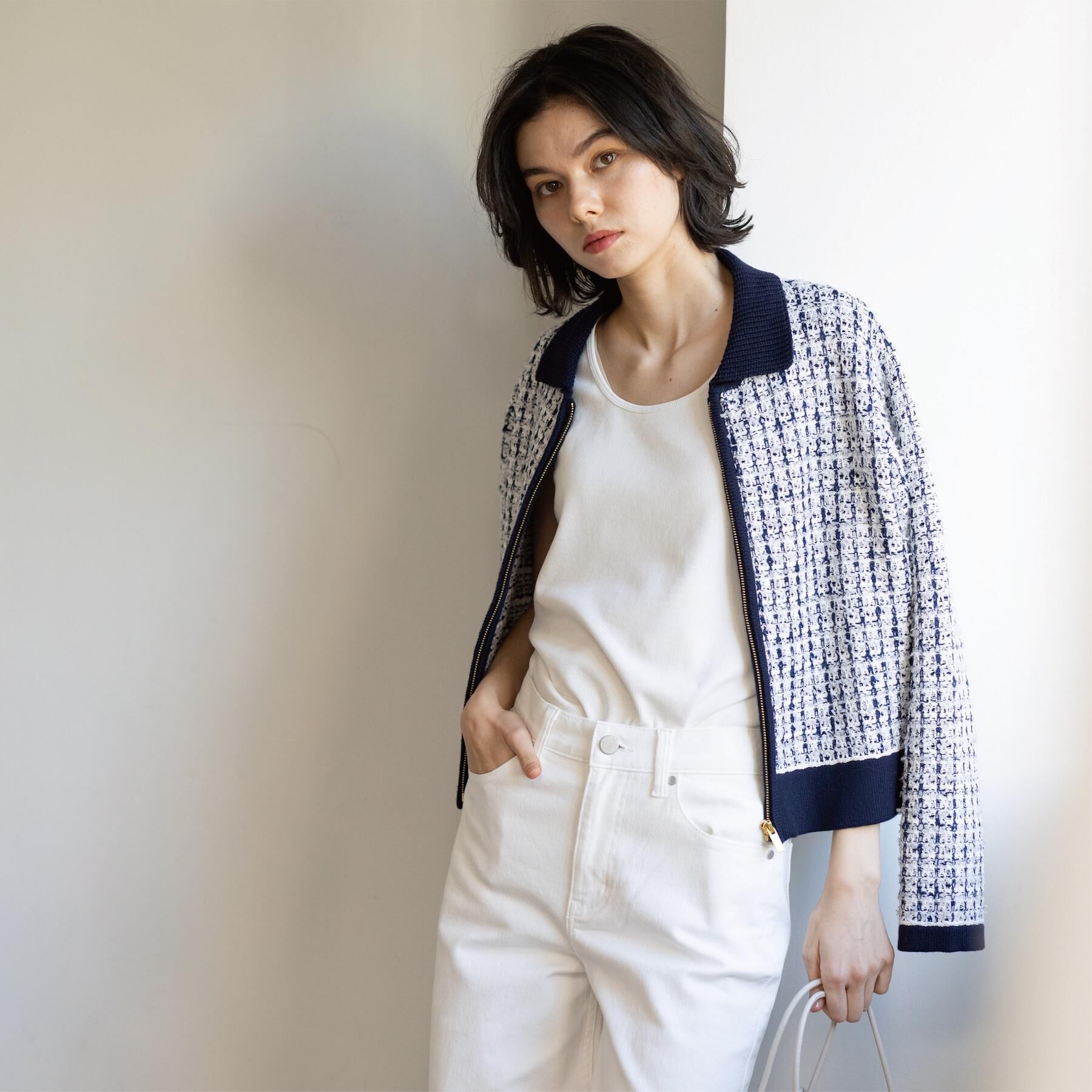 OPAQUE.CLIP「ツイードライクZIPニットカーディガン」|カーディガン|