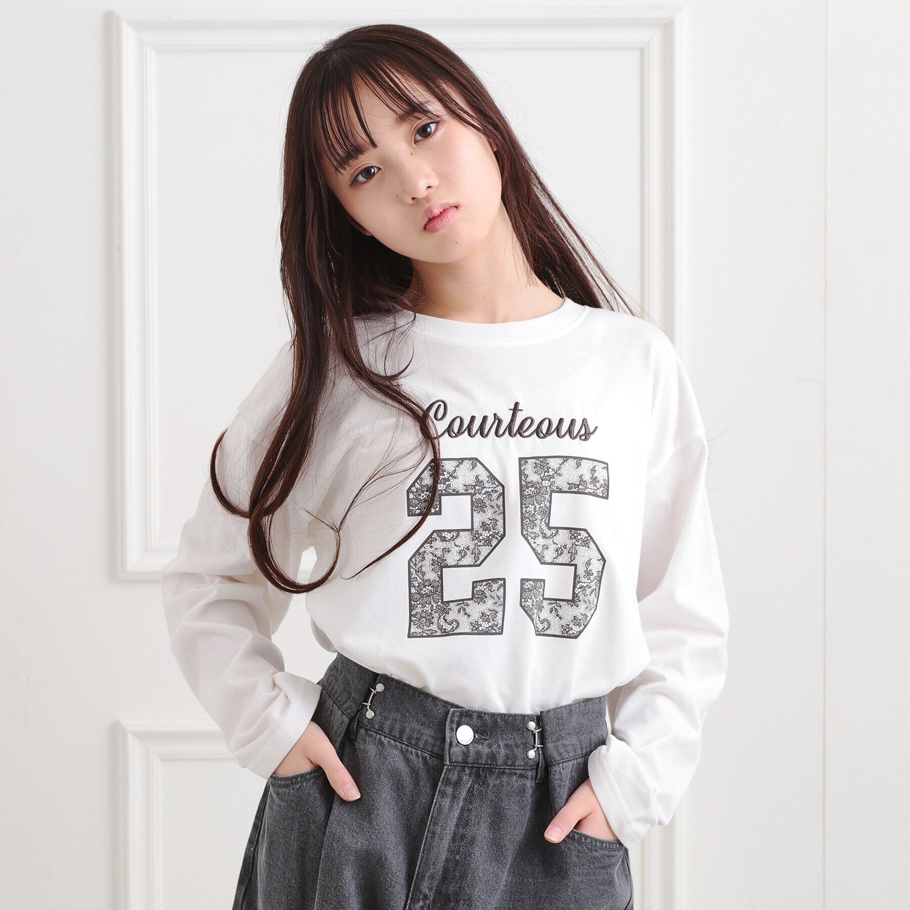 PINK-latte「レースプリントナンバリングロンT」|Tシャツ・カットソー|アイボリー(004)