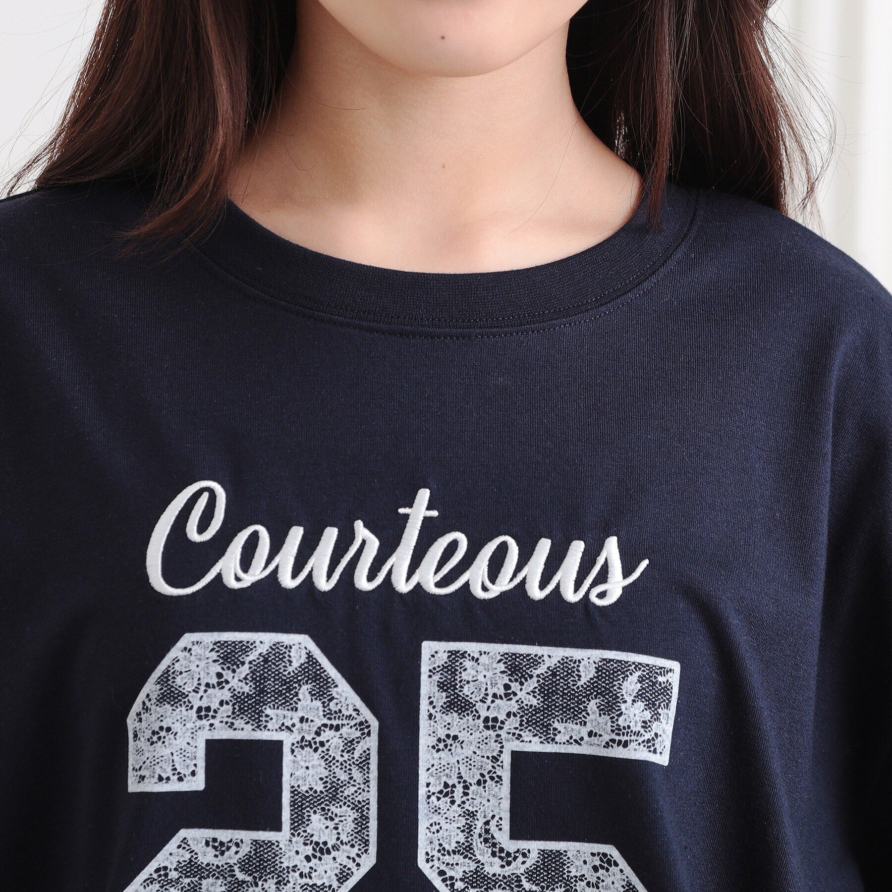 PINK-latte「レースプリントナンバリングロンT」|Tシャツ・カットソー|