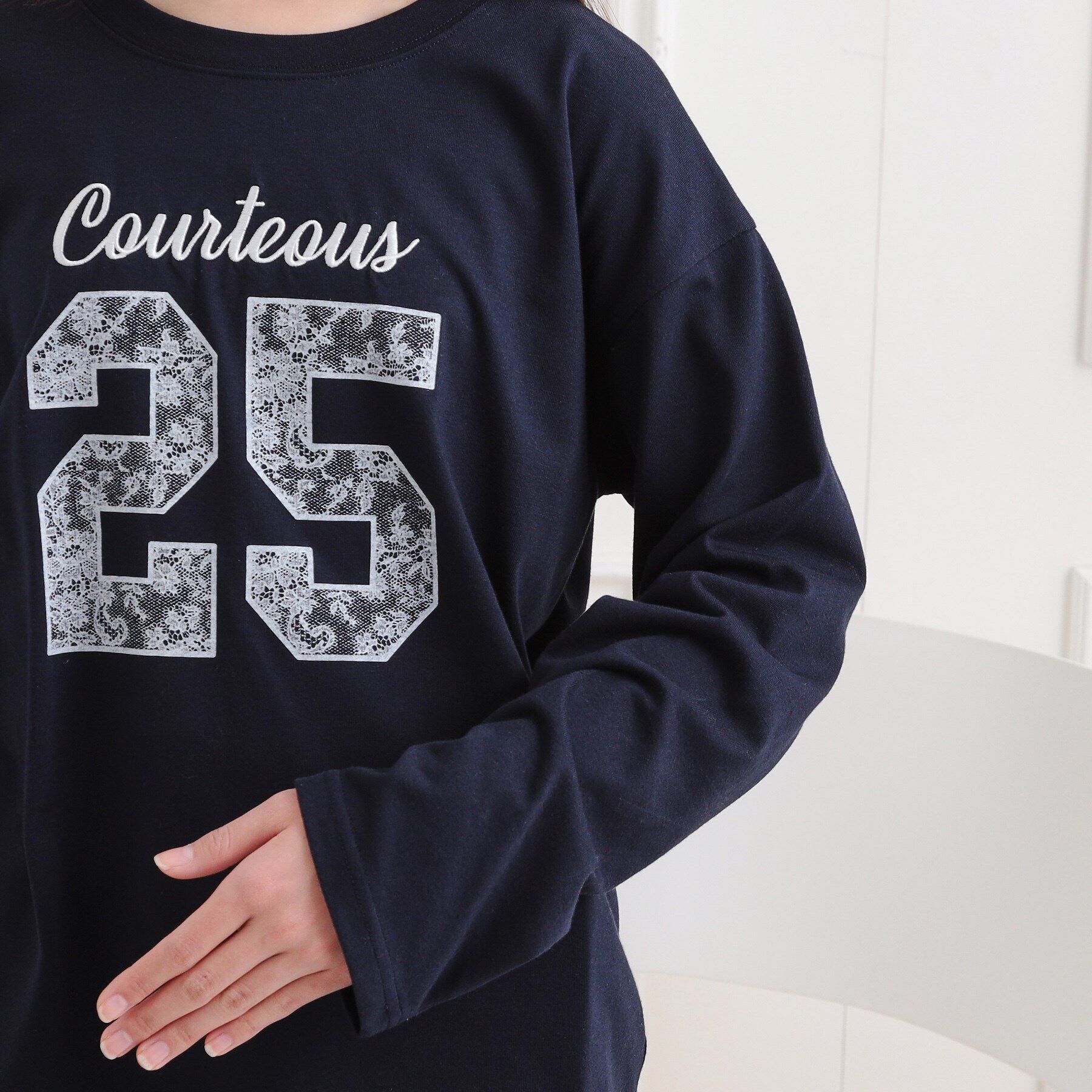 PINK-latte「レースプリントナンバリングロンT」|Tシャツ・カットソー|