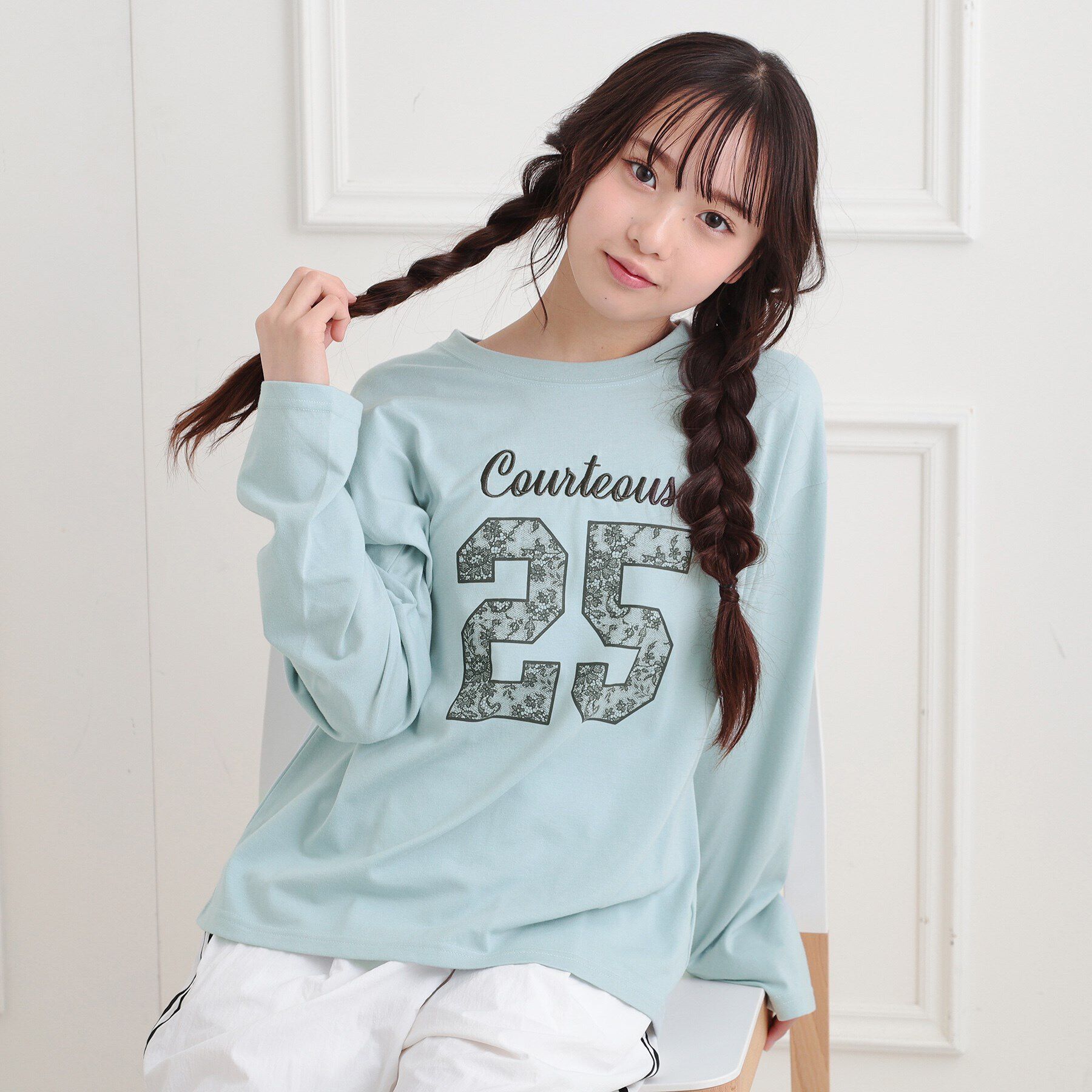 PINK-latte「レースプリントナンバリングロンT」|Tシャツ・カットソー|ブルー(091)