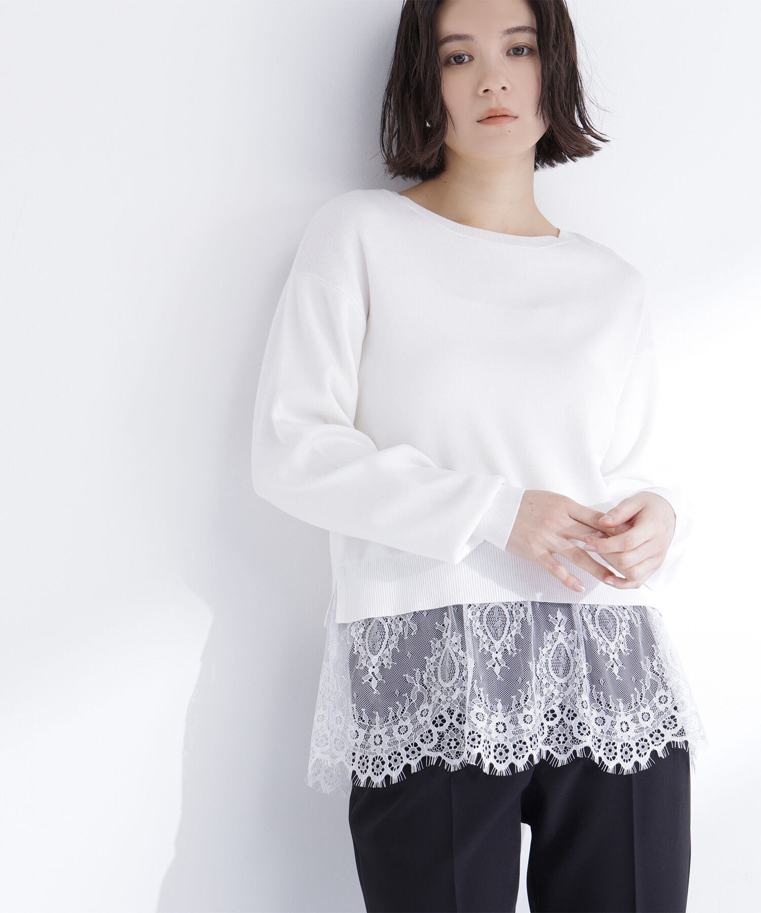  「レースドッキングニット」|ニット・セーター|オフホワイト1