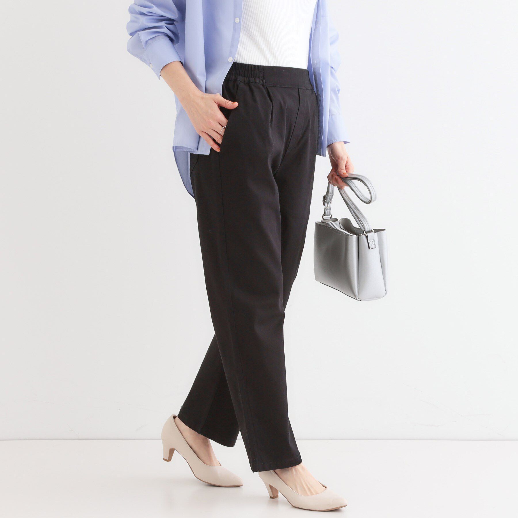 SHOO･LA･RUE「【洗える/S-3L】ストレッチで楽な穿き心地 綿イージーストレートパンツ」|その他|ブラック(019)