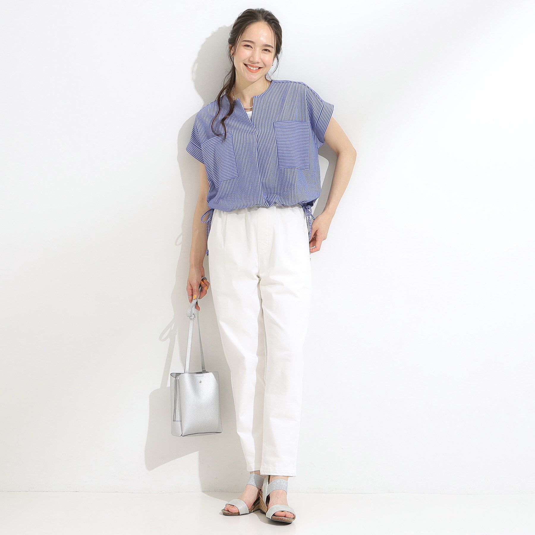 SHOO･LA･RUE「【洗える/S-LL】シルエット変化を楽しめる サッカーストライプ柄スキッパートップス」|Tシャツ・カットソー|