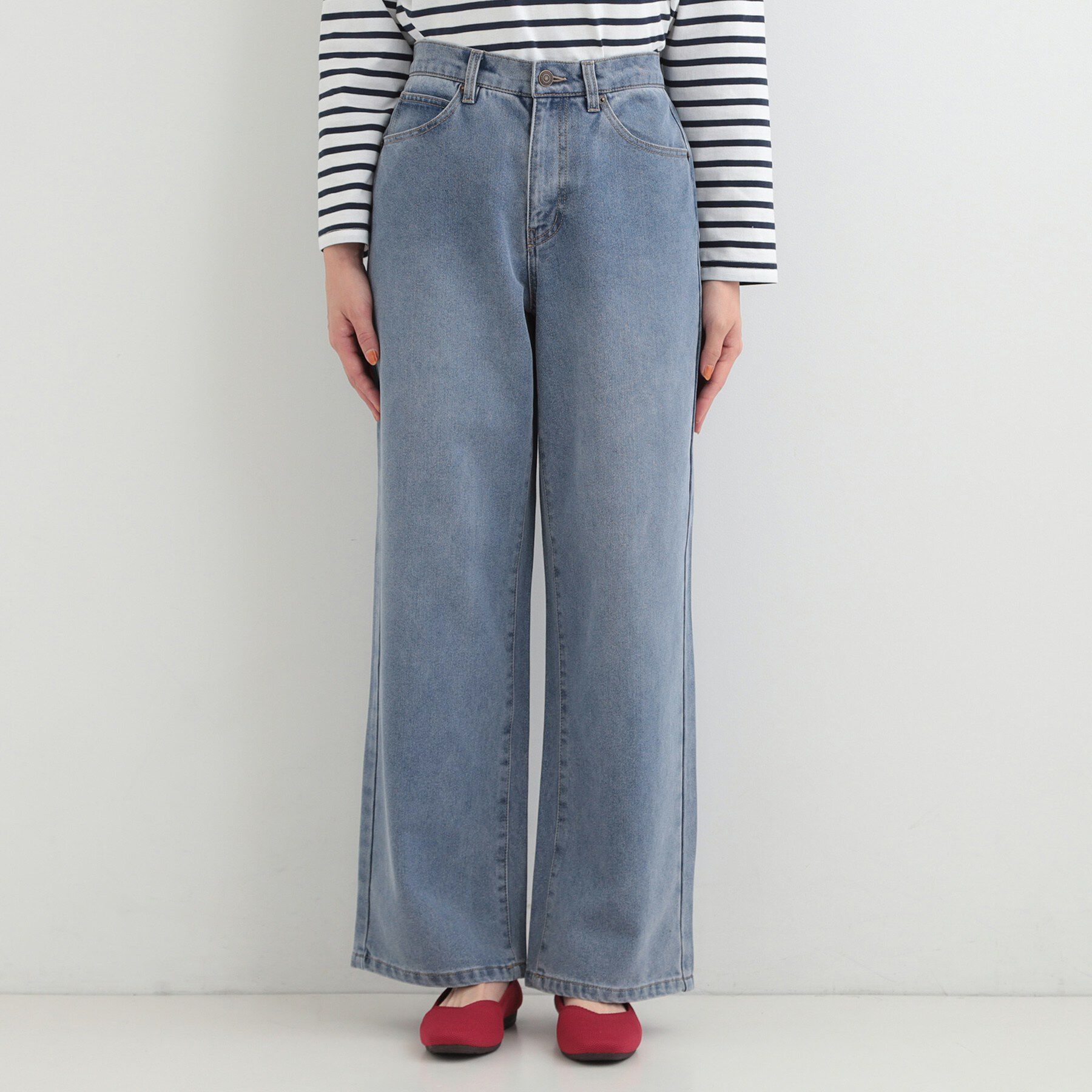 SHOO･LA･RUE「【あったか/S-LL】脚のラインを拾いにくい 裏微起毛 デニムワイドパンツ」|デニム|